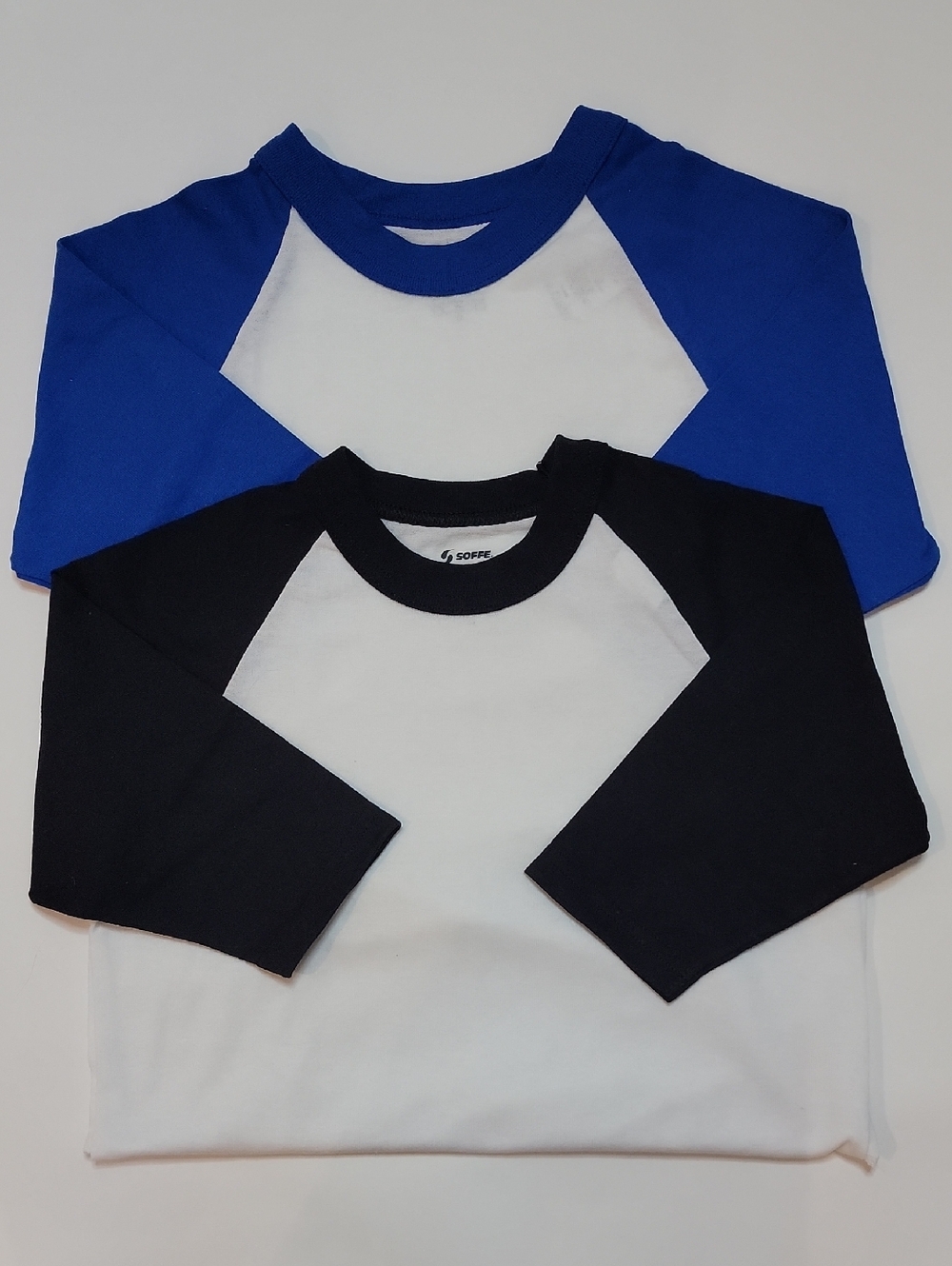 Soffe White Raglan Tees with Blue and Black Sleeves